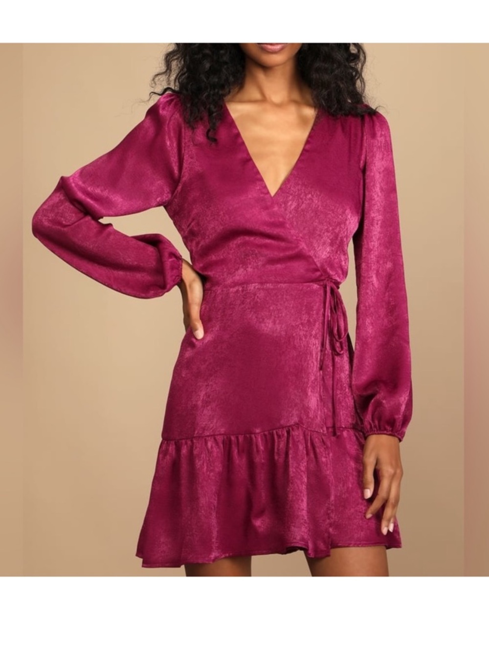 Lulus Wrap Dress Women's M Purple Satin So Splendid Magenta Ruffled Romantic
